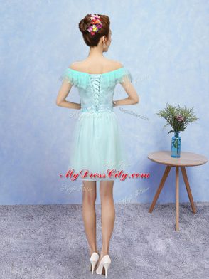 Affordable Mini Length Aqua Blue Vestidos de Damas Tulle Cap Sleeves Lace