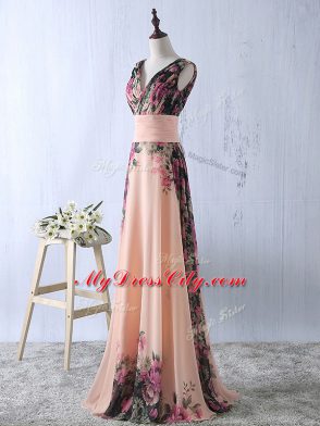 Peach V-neck Neckline Ruching Prom Party Dress Sleeveless Lace Up