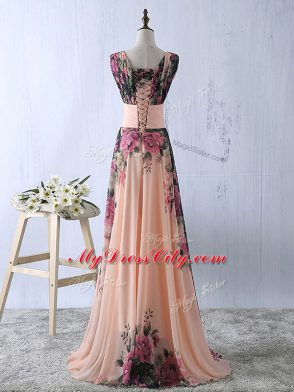 Peach V-neck Neckline Ruching Prom Party Dress Sleeveless Lace Up