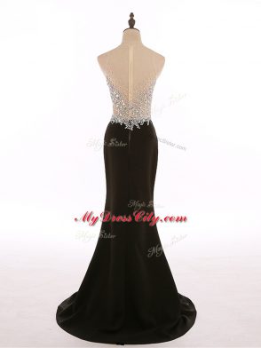 Black Formal Evening Gowns Chiffon Brush Train Sleeveless Beading