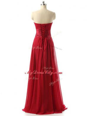 Edgy Wine Red Lace Up Quinceanera Court of Honor Dress Ruching Sleeveless Floor Length