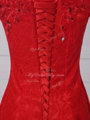 Fashion Sleeveless Lace Lace Up Prom Party Dress in Red with Lace and Appliques