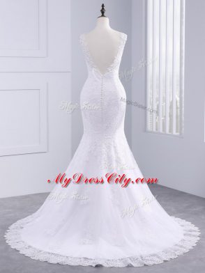 Charming White V-neck Neckline Lace Wedding Dresses Sleeveless Backless