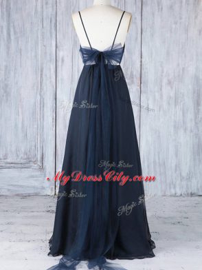 Flare Navy Blue Empire Ruching Bridesmaids Dress Backless Chiffon Sleeveless Floor Length