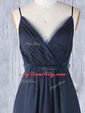 Flare Navy Blue Empire Ruching Bridesmaids Dress Backless Chiffon Sleeveless Floor Length