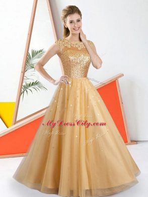 Sleeveless Backless Floor Length Beading and Lace Bridesmaid Gown