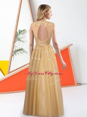 Sleeveless Backless Floor Length Beading and Lace Bridesmaid Gown