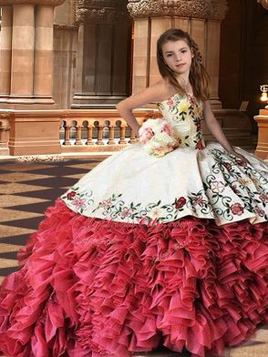 Organza Strapless Sleeveless Brush Train Lace Up Embroidery and Ruffles Little Girls Pageant Dress Wholesale in White And Red