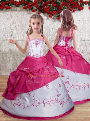 Hot Pink Straps Lace Up Embroidery Kids Formal Wear Sleeveless