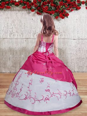 Hot Pink Straps Lace Up Embroidery Kids Formal Wear Sleeveless