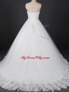 Ball Gowns Sleeveless White Wedding Gowns Brush Train Lace Up