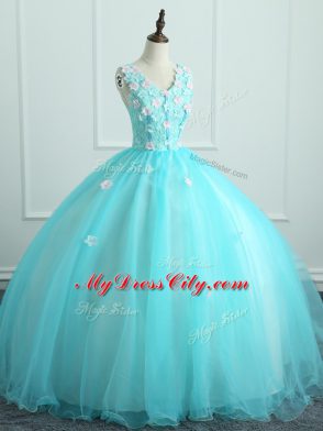 Aqua Blue Ball Gowns Appliques Sweet 16 Dresses Lace Up Organza Sleeveless Floor Length