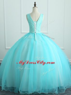 Aqua Blue Ball Gowns Appliques Sweet 16 Dresses Lace Up Organza Sleeveless Floor Length