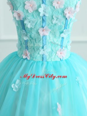 Aqua Blue Ball Gowns Appliques Sweet 16 Dresses Lace Up Organza Sleeveless Floor Length