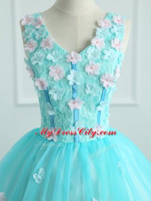 Aqua Blue Ball Gowns Appliques Sweet 16 Dresses Lace Up Organza Sleeveless Floor Length