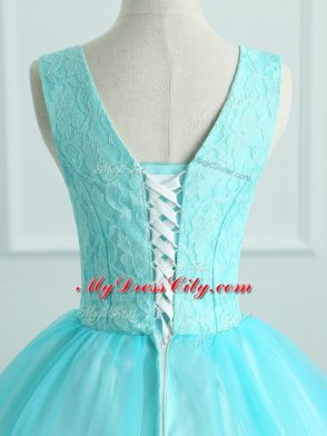 Aqua Blue Ball Gowns Appliques Sweet 16 Dresses Lace Up Organza Sleeveless Floor Length