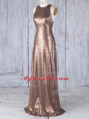 Brown Sleeveless Floor Length Appliques Criss Cross Bridesmaid Gown