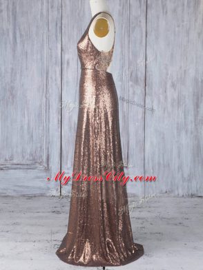 Brown Sleeveless Floor Length Appliques Criss Cross Bridesmaid Gown