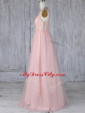 Custom Fit Baby Pink Tulle Zipper V-neck Sleeveless Floor Length Bridesmaid Dress Lace