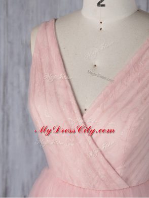 Custom Fit Baby Pink Tulle Zipper V-neck Sleeveless Floor Length Bridesmaid Dress Lace