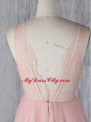 Custom Fit Baby Pink Tulle Zipper V-neck Sleeveless Floor Length Bridesmaid Dress Lace