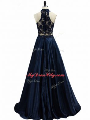 Sophisticated Floor Length Zipper Party Dress for Girls Navy Blue for Prom and Party and Military Ball with Lace and Appliques