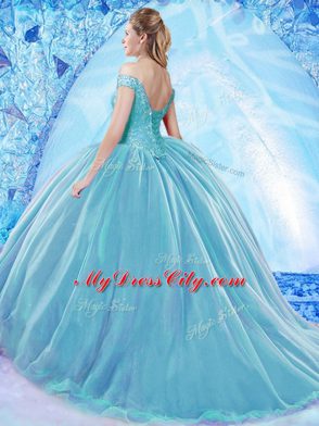 Brush Train Ball Gowns Quinceanera Gowns Blue Off The Shoulder Organza Sleeveless Lace Up