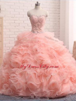 Pink Organza Zipper Sweetheart Sleeveless Floor Length Sweet 16 Dress Beading and Ruffles