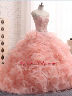 Pink Organza Zipper Sweetheart Sleeveless Floor Length Sweet 16 Dress Beading and Ruffles