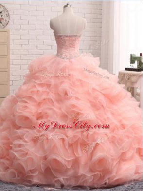 Pink Organza Zipper Sweetheart Sleeveless Floor Length Sweet 16 Dress Beading and Ruffles