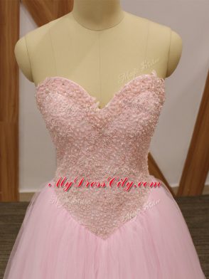 Baby Pink Sleeveless Tulle Lace Up Prom Dress for Prom and Party and Military Ball