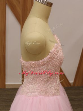 Baby Pink Sleeveless Tulle Lace Up Prom Dress for Prom and Party and Military Ball