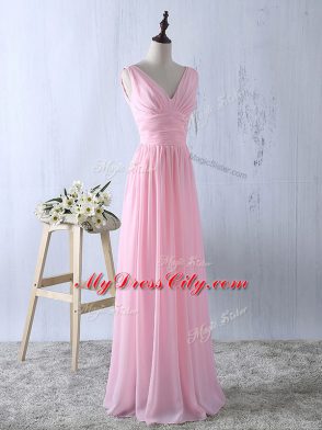 Cute Floor Length Baby Pink Bridesmaid Gown Chiffon Sleeveless Ruching