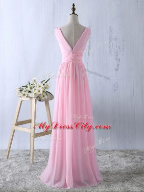 Cute Floor Length Baby Pink Bridesmaid Gown Chiffon Sleeveless Ruching