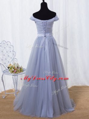 Free and Easy Lavender A-line Tulle Off The Shoulder Sleeveless Ruching and Belt Floor Length Lace Up Prom Party Dress