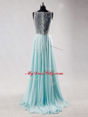 Best Selling Aqua Blue Empire Chiffon Scoop Sleeveless Beading Zipper Prom Gown Brush Train