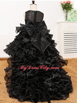 Luxurious Black A-line Organza V-neck Sleeveless Beading and Ruffles and Bowknot High Low Zipper Little Girls Pageant Dress Wholesale