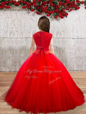 Red Lace Up Girls Pageant Dresses Appliques Sleeveless Floor Length