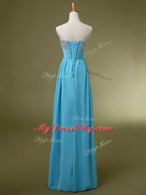 Sweetheart Sleeveless Dress for Prom Floor Length Beading and Ruching Baby Blue Chiffon