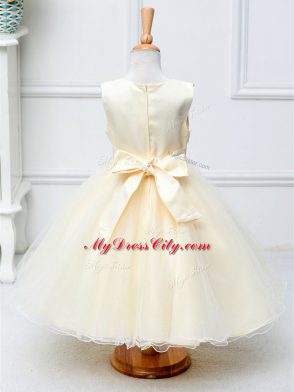 Custom Made Knee Length Champagne Flower Girl Dresses for Less Tulle Sleeveless Lace and Bowknot