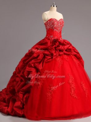 Pretty Lace Up Ball Gown Prom Dress Red for Military Ball and Sweet 16 and Quinceanera with Beading and Appliques and Pick Ups Court Train