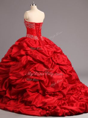 Pretty Lace Up Ball Gown Prom Dress Red for Military Ball and Sweet 16 and Quinceanera with Beading and Appliques and Pick Ups Court Train