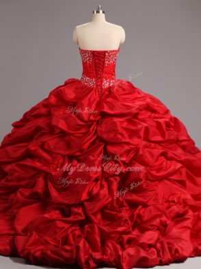 Pretty Lace Up Ball Gown Prom Dress Red for Military Ball and Sweet 16 and Quinceanera with Beading and Appliques and Pick Ups Court Train