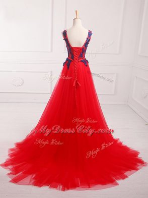 Red Empire Lace and Appliques Prom Evening Gown Lace Up Tulle Sleeveless