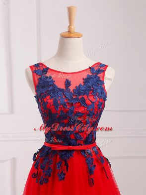 Red Empire Lace and Appliques Prom Evening Gown Lace Up Tulle Sleeveless