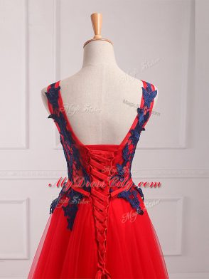 Red Empire Lace and Appliques Prom Evening Gown Lace Up Tulle Sleeveless