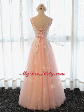 Fantastic Peach A-line Tulle Scoop Sleeveless Appliques Floor Length Lace Up Prom Gown