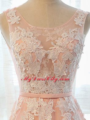 Fantastic Peach A-line Tulle Scoop Sleeveless Appliques Floor Length Lace Up Prom Gown