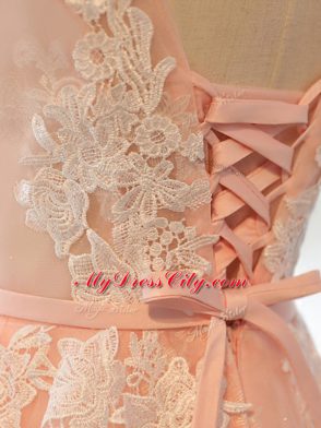 Fantastic Peach A-line Tulle Scoop Sleeveless Appliques Floor Length Lace Up Prom Gown