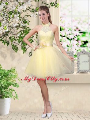 Light Yellow Bridesmaid Dresses Prom and Party with Lace and Belt V-neck Sleeveless Lace Up